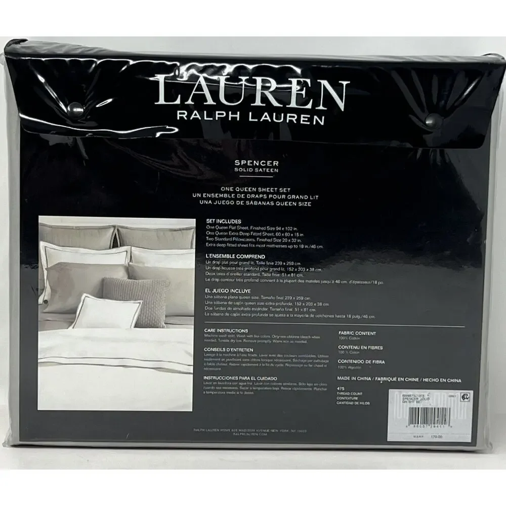 Ralph Lauren Queen Spencer Solid 475 TC Thread-Count Sateen Sheet Set Gray Grey